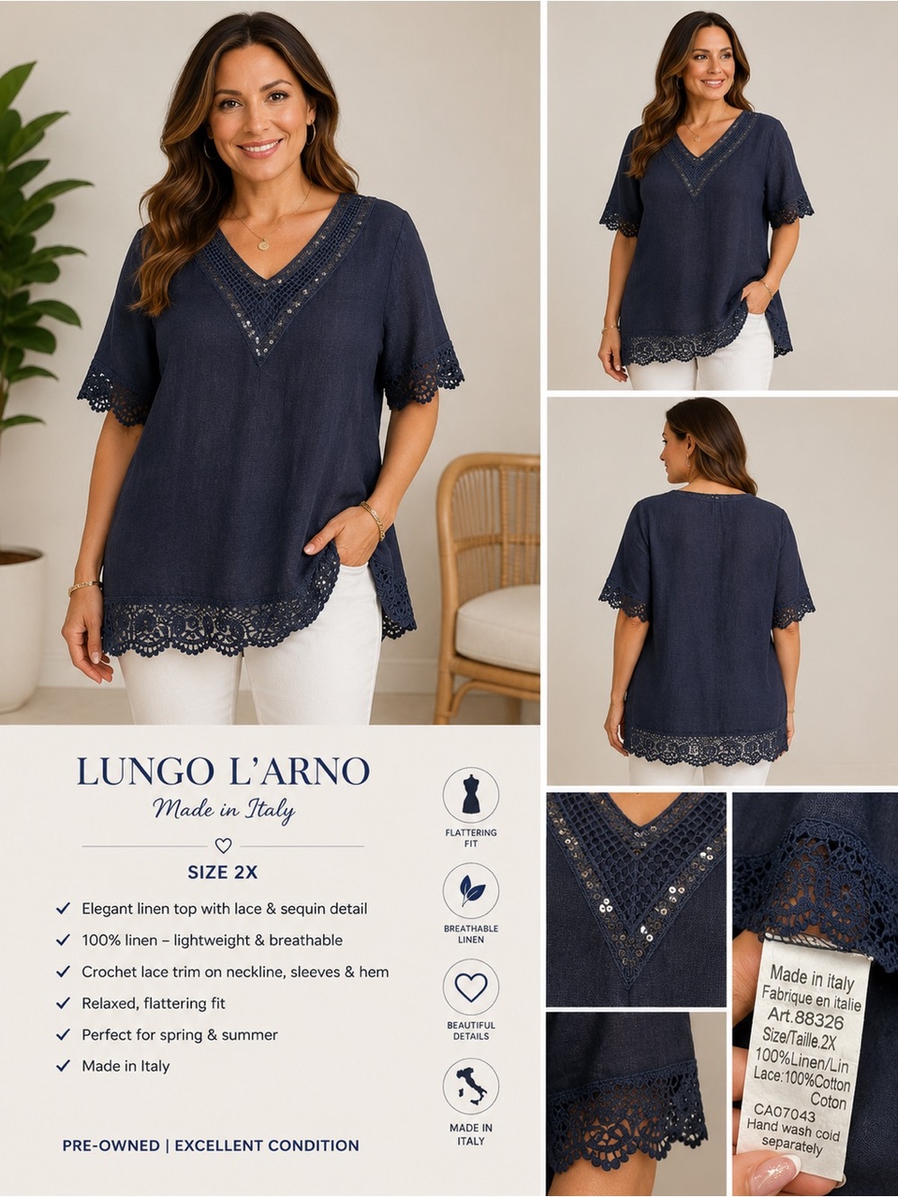 Navy Crochet Trim Linen Top - Women's